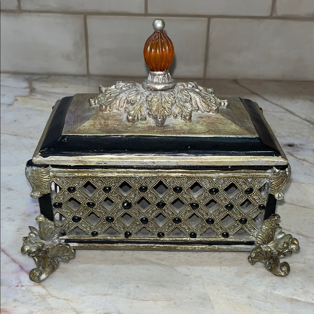 Ornate Decorative Box with Amber Accent